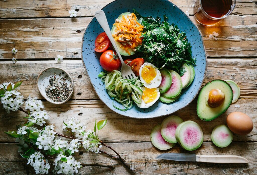 healthy meal displayed on a wooden table